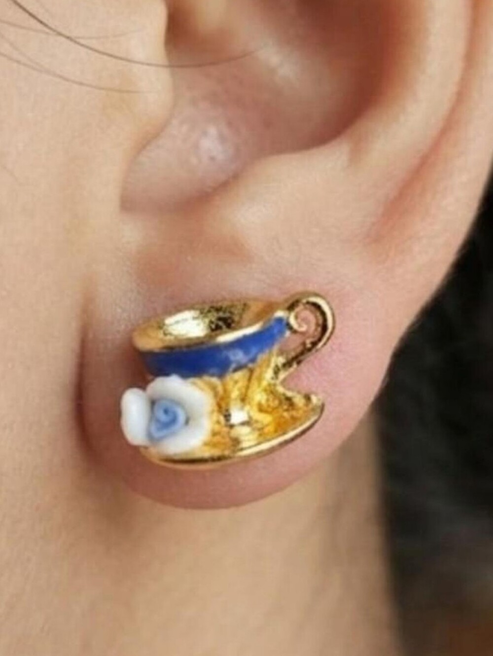 Vintage Gold and Blue Teacup Stud Earrings with White Rose Accent Lovely!